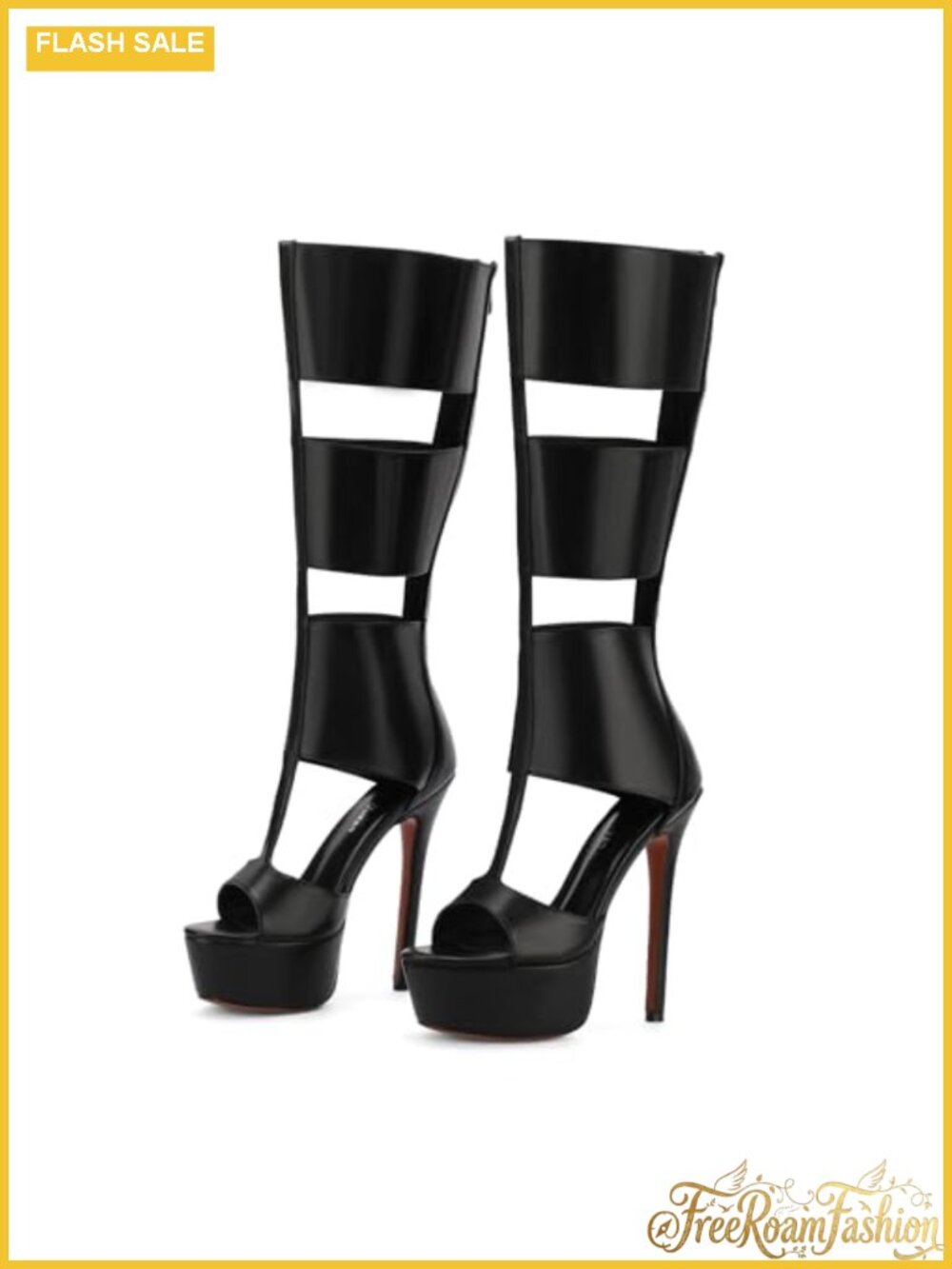 FancyQueen Platform Knee High Heels Faux Leather Gladiator Peep Toe Summer Boots